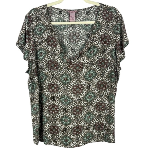 Rose & Rhyme Tops - Rose & Rhyme Cream and Brown Patterned Relaxed Cap Sleeve Blouse Size 1X